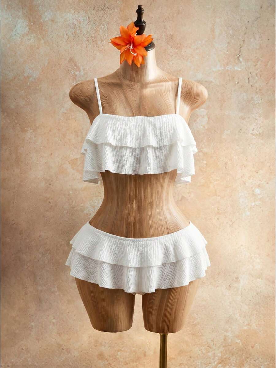 Mistrie Summer Beach Textured Bikini Set Ruffle Layered Cami Top & Ruffle Skirt 2 Pieces Bikini - White - View 1