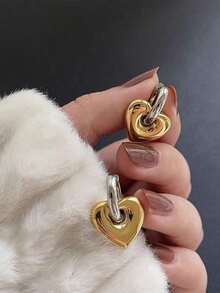 Classic Retro Detachable Heart Earrings For Women, Stainless Steel Non-Fading Fashionable & Simple Heart-Shaped Pendant, Color-Block Ear Clips Jewelry Valentines,Mom,Mother,Mother's Day,Gift - 均碼 - 查看 3