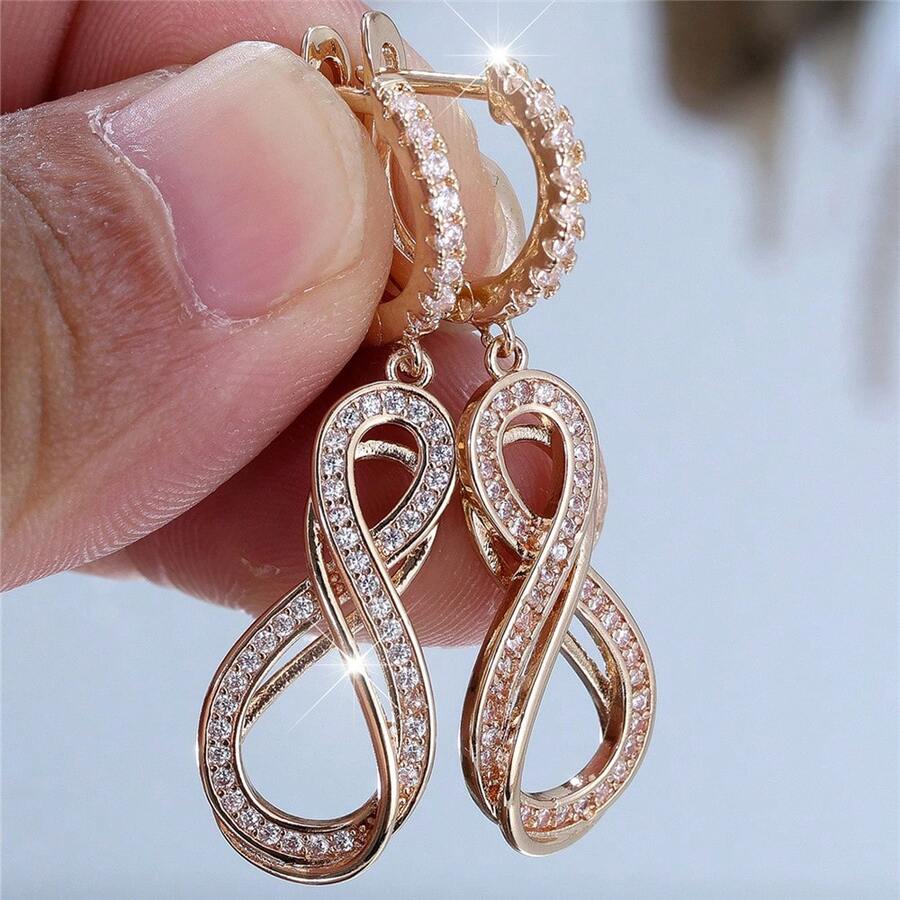 Vanel 1 Đôi bông tai vô cực mạ vàng sang trọng đính đá Cubic Zirconia cho nữ, bông tai hình số 8 đính đá CZ, trang sức thời trang cho đeo hàng ngày và những dịp lãng mạn. - vàng trắng - Xem 1