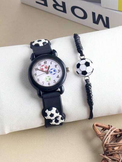 2 Styles Boys' Football Decor Quartz Watches, Round Fashionable & Cute, Multifunction With Metal Football Bracelet. Essential Back To School Item. Suitable For Daily Wear, School, Gathering And Travel. Great Gift For Friends, Birthday Or Graduation, Perfect Present For Boys.