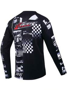 TELEYI Jersey Motocross MTB Lengan Panjang Pria Motif Kotak-kotak, Grafiti Huruf, Jaring Cepat Kering, Atasan Atletik Balap Sepeda Downhill Offroad, Warna Hitam - Hitam - View 2