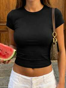 Women's Round Neck Short Sleeve T-Shirt, Fashionable Solid Color Casual Versatile Fitted Cropped Top, Summer - Black - View 2