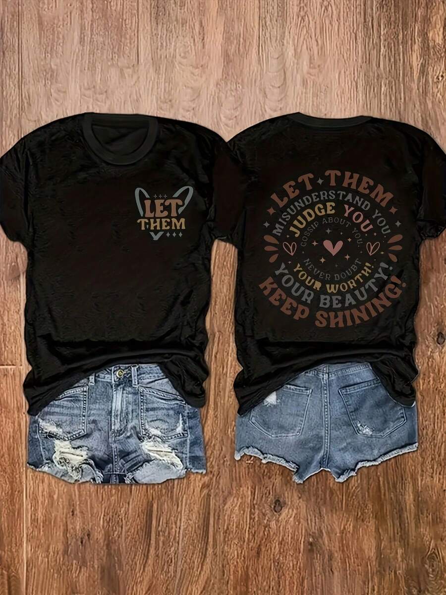 Women's Plus Size Colorful Round Neck Short Sleeve T-Shirt With Double-Sided "LETTHEM" Print, Spring Outfit. - Black - View 1
