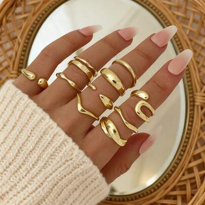 10pcs INS Style Minimalist Irregular Geode Rings, Multi-Element Metallic Smooth Rings Set For Women