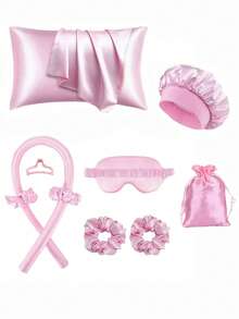 10pcs Sleep Hairstyling Tool Set, Including 1pc Curling Iron, 1pc Silk Pillowcase, Suitable For Hair & Skin Queen Set, Silk No-Heat Curling Set, Overnight Curler, 1pc Soft Sleep Eye Mask - Multicolor - View 5