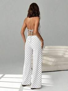 2 piezas Conjunto casual de vacaciones para mujer con top halter sin espalda y pantalones en color caqui tejido - Blanco 4 - Ver 2