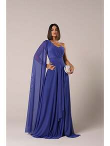 Long Wedding Dress For Bridesmaid - Flowing Style With Cape And Slit - Royal Blue - View 2