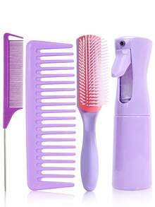 Bộ 4 lược chải tóc, bao gồm lược răng nhỏ, lược răng to, lược tạo kiểu chịu nhiệt và chai xịt tóc, thích hợp sử dụng tại nhà và salon. - Nhiều màu - Xem 3