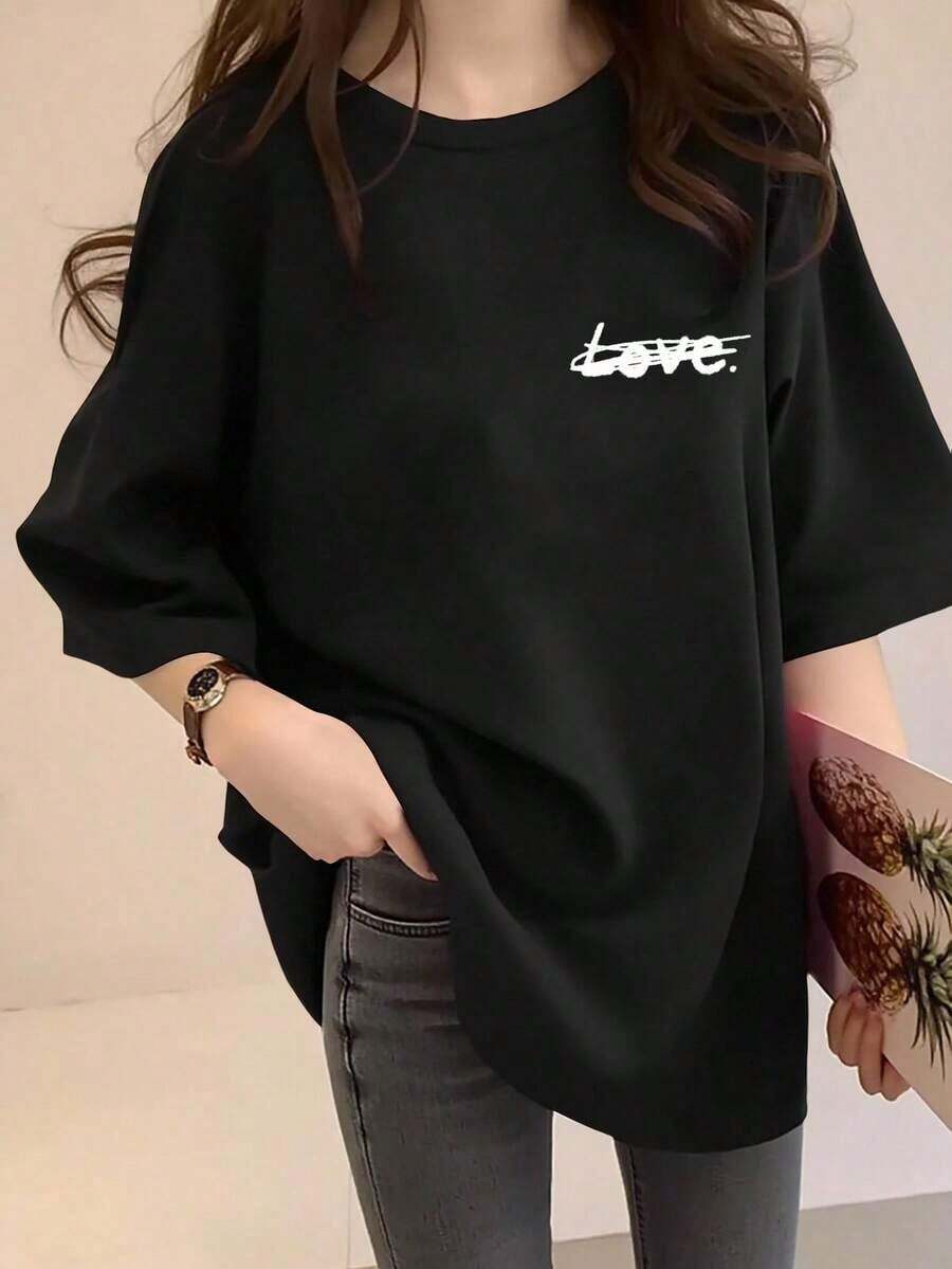Unisex Size. Women's Plus Size Summer Cotton T-Shirt. Women's Mexican Flag T-Shirt, Artistic Collaboration Design With LOVE Letter Print, Loose Fit, Round Neck, Short Sleeves, Casual Summer Top, Stylish And Comfortable Design, Suitable For Leisure Outings. Sweat-Absorbing Material, Soft And Skin-Friendly. - 黑色 - 查看 1