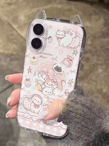1 pièce Étui de téléphone transparent rose avec oreilles de chat compatible avec Apple 11-17 Pro Max - Rose bonbon - Voir 2