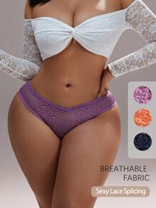 3pcs/Set Plus Size Women Sexy Lace Bikini Panties, V-Shape Waistline Seamless Hollow Out Solid Color Fashionable Sports Underwear - Multicolor - View 2