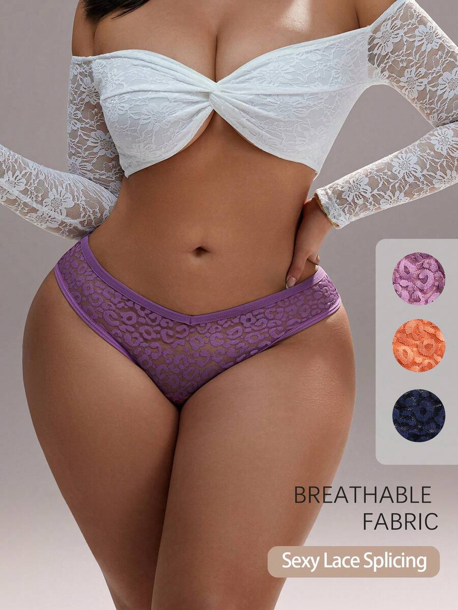 3pcs/Set Plus Size Women Sexy Lace Bikini Panties, V-Shape Waistline Seamless Hollow Out Solid Color Fashionable Sports Underwear