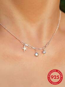 BALMORA 1 pieza Collar con colgante de plata de ley 925 con estrella de mar y concha con circonita, diseño delicado de cadena para clavícula para mujer, estilo de playa de verano - Plateado - Ver 1