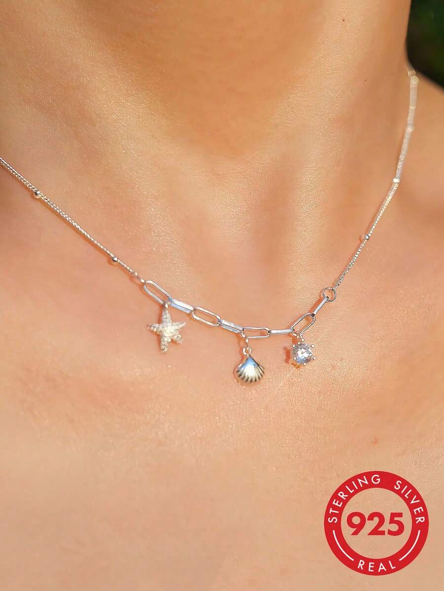 BALMORA 1 pieza Collar con colgante de plata de ley 925 con estrella de mar y concha con circonita, diseño delicado de cadena para clavícula para mujer, estilo de playa de verano - Plateado - Ver 1