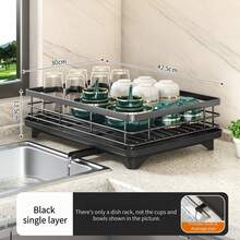 1 pieza Escurridor de platos, escurridor de platos ahorra espacio, escurridor de platos para encimera de cocina, escurridor de platos de acero inoxidable con soporte para utensilios, adecuado para tazones, platos, cuchillos, cucharas y tenedores - Negro - Ver 14