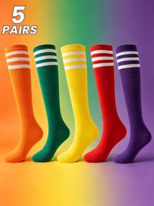 5双装/包 女士春秋季三条纹中长及膝袜，适合学生、成人、舞蹈、约会、派对和趣味装扮。 - 彩色 - 查看 10