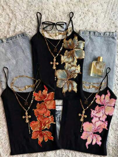 Set de 3 bucăți Casual Y2K Femei Vintage Broderie Florală Paiete Spaghete Bretele Fără Mâneci Cami Maiou Elegant Ieșire în Aer Liber Ținute de Petrecere Ținute de Vară pentru Femei Ținută de Vacanță Negru