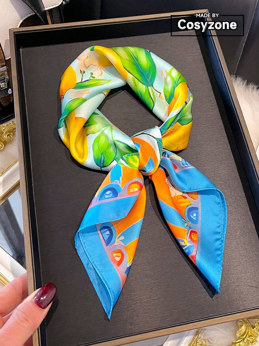 1 Stück eleganter Zitronen-Muster Faux-Seide 70cm Quadrat Schal, Damen Bandana Grundausstattung für Frühling/Sommer, vielseitig einsetzbar als Stirnband, Gürtel, Krawatte, Haarzubehör - Verschiedenfarbig - Übersicht 1