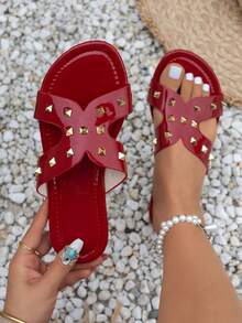 Rivet Flat Sandals, Minimalist Versatile Slip-On Casual Slippers, Comfortable Open Toe Slides For Summer - Red - View 1