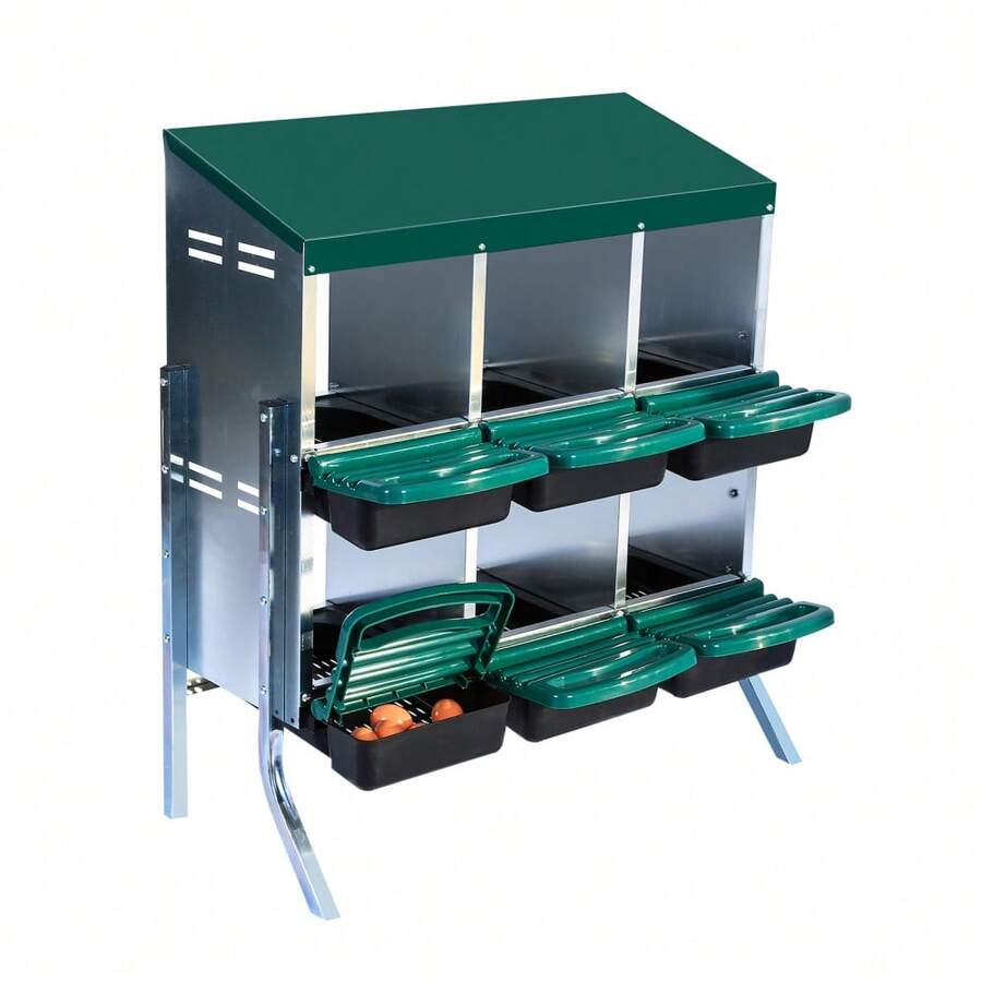 Techigher Heavy Duty Chicken Nesting Box, Automatic Roll-Away Egg Collection System, Galvanized Steel Hen Laying Box - Green, 6 Holes With Legs - View 1