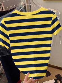 夏季度假黄色和藏蓝色条纹印花休闲中长圆领女式T恤，适合作为朋友礼物，Y2K风格外套 白色 - 白色 - 查看 5