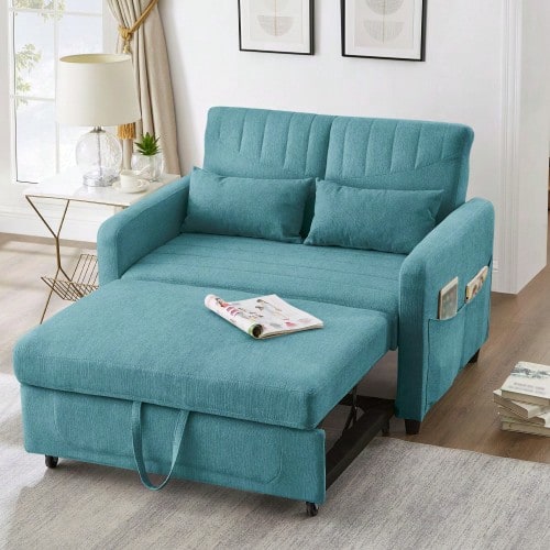 [Sofa Bed With Sleeping Function] Two-Seater Fold-Out Sofa, Extendable Design, Simple And Modern, Contemporary Style, Three-Position Adjustable Backrest, Breathable Cotton-Linen Fabric - Antique Blue Green - View 1