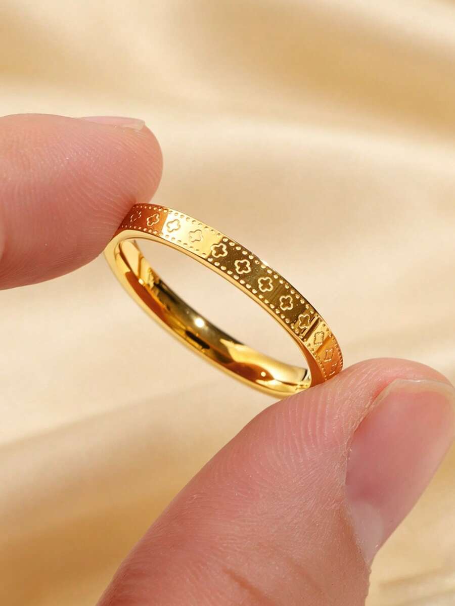 1 pieza Anillo de aro con trébol de cuatro hojas chapado en oro de 18K de acero inoxidable, resistente al agua y a la decoloración, adecuado para uso diario de mujeres, regalos festivos, fiestas y banquetes - Dorado - Ver 1