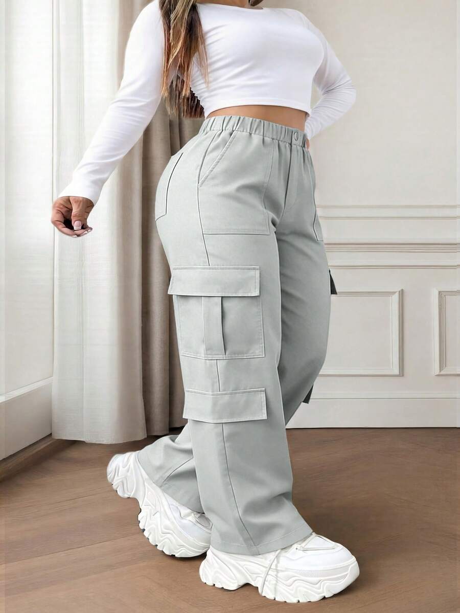 Light Gray Button Pocket Elegant Casual Commute Minimalist Cute Y2K Loose Straight Leg Non-Stretch Comfortable Plus Size Cargo Pants, Suitable For Teacher's Day, Graduation, Outing, Club, Office, Gym, Beach, School, Birthday Party, Travel, Country Music Festival, Airport, Spring/Summer/Autumn/Winter