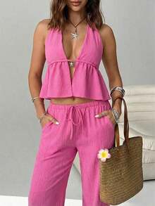 2 piezas Conjunto casual de vacaciones para mujer con top halter sin espalda y pantalones en color caqui tejido - Rosa Fucsia - Ver 3