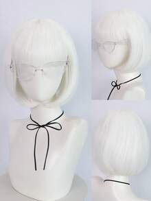 White Bobbed Wig With Bangs, White Party Wig With Fashionable Glasses (Star, Cat Eye, Heart-Shaped), Women's Short Neon Costume, Halloween Costume, Nightclub Wig - White - View 15