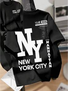 NY Graphic Crew Neck T-Shirt, Casual Alphabet Pattern, Regular Length, All-Weather Fabric-X - Black - View 4