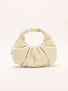 Bolso de mano para mujer, novedad de primavera 2024, de una sola pieza, de color sólido, con perlas sintéticas brillantes, diseño de nube en PU, moderno y con costuras concisas. - Verde 3 - Ver 5