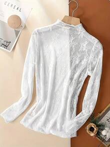 Lace Turtleneck Undershirt, Fashionable Mesh Long Sleeve Top Casual - Moon White - View 8