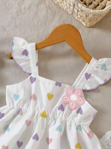 Conjunto de 2 piezas de niña joven con top de manga abullonada con estampado de corazón y flores 3D + shorts con volantes en el bajo para primavera/verano - Morado - Ver 4