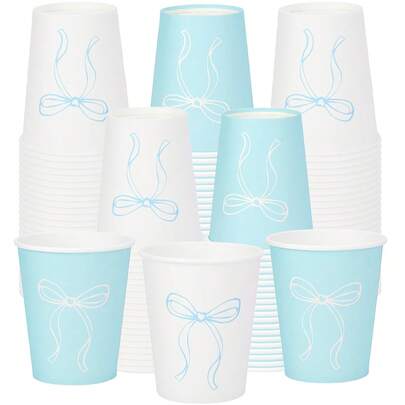 10pcs/20pcs/40pcs Blue & White Bow Paper Cups, 2.9 Inch Top Diameter, 3.5 Inch Height, Dual Color Heart Shaped Bow Print Party Cups, Suitable For Birthday, Baby Shower, Bridal Shower, Wedding, Tea Party, Holiday And Event, Unisex