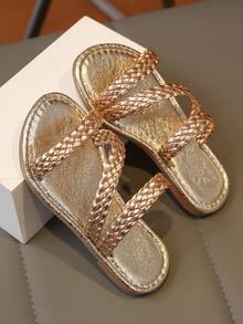 1 Pair Girls' Metallic Woven Flat Open-Toe Sandals, Comfortable & Minimalist, Unique For Beach. Essential For Kids' Summer Outings And Beach Vacations. - Rose Gold - View 4