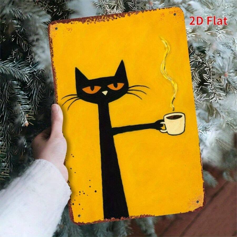 Gato Preto Vintage com Xícara de Café - Decoração de Parede em Madeira com Efeito Metal Envelhecido, 15x20cm, Gato Preto Segurando Xícara de Café, Decoração para Ambientes Internos e Externos, Ideal para Casa, Jardim, Escritório e Garagem - Design Plano 2D Durável, Decoração Suspensa em Estilo Fazenda Vintage com Detalhes em Grãos de Café. - Vários estilos - Ver 1