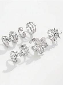 8pcs/Set Silver-Plated Bohemian Sunflower, Flower, Shell, Starfish Stackable Rings Set, Suitable For Vacation, Adult Gift - Silver - View 3