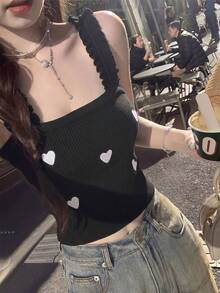 甜美火辣女孩极简性感木耳饰边针织吊带背心，无袖设计，饰有心形刺绣，适合春夏叠穿或外搭，黑色 - 黑色 - 查看 2