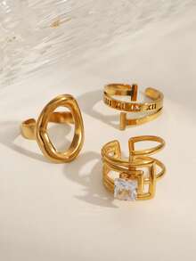 3件套时尚奢华不锈钢不对称立方氧化锆镂空圆环开口戒指套装，适合日常、派对、生日、订婚等场合。 - 金色 - 查看 4