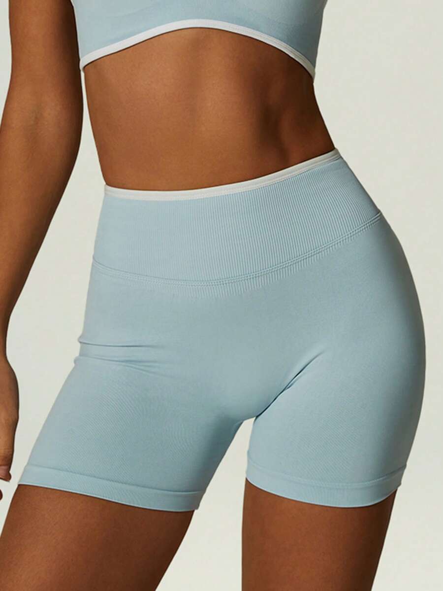 UONNOU Soft Ribbed Seamless Shaping Biker Shorts, High Waist Tummy Control Hip Lift Anti-Chafing Stretch Fitness Yoga Shorts Sports - Blue - View 1