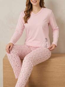 Plus Size V-Neck Floral Print Long Sleeve Top And All-Over Print Pants Pajama Set - Pink - View 4