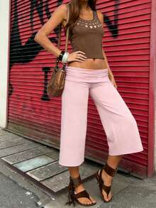 Women Fold Over Lounge Capris Casual Loose Fit Wide Leg Low Rise Cropped Flowy Gaucho Pants Comfy Yoga Coluttes Pajama Bottom - 粉色 - 查看 5