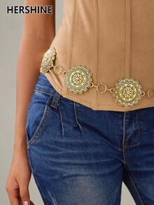 Hershine 1pc Vintage Floral Round Waist Chain, Bohemian Style Patterned Waist Belt For Women, Suitable For Dresses, Cardigans, Summer Beach Wear, Versatile Accessory For Daily, Parties, Vacations, Formal Events - M311 Round Flower Rhinestone Waist Chain - View 2