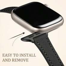 Charlam Ultra-Thin Leather Watch Band, Compatible With Apple Watch 40mm 38mm 41mm 42mm 44mm 45mm 46mm Women, Top Grain Leather Strap, Slim Wristband, Fit For Apple Watch Series 10 9 8 7 6 5 4 3 2 1 SE Ultra - Black - View 3