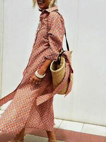 Plus Size Women's Striped Print Short Sleeve Split Hem Shirt Dress, Polyester Fabric, Plus Size Fit, Recommend Ordering One Size Down, Fashionable Casual Suitable For Spring/Summer Daily, Work, Vacation - Burnt Orange - View 4