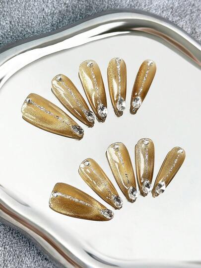 Bộ 10 chiếc/gói, móng tay giả cao gót cỡ trung bình 29mm kiểu Y2K tối giản bằng kim loại, họa tiết mắt mèo vàng, đường kẻ bạc, đính đá, làm thủ công, tinh tế, sáng tạo, đa năng, thanh lịch, phù hợp cho đám cưới, tiệc tùng, ngoài trời, bãi biển, hàng ngày, kỳ nghỉ, tụ họp, công sở và các dịp đặc biệt.