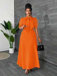 Women's Spring, Summer, And Autumn Net Puff-Sleeve Elegant Fitting Green Large A-Line Vacation Outfit Simple Commute Daily Wear Date Outfit Fashion Design Stylish New Essential Plus-Size Long Leisure Dress - trái cam - Xem 1