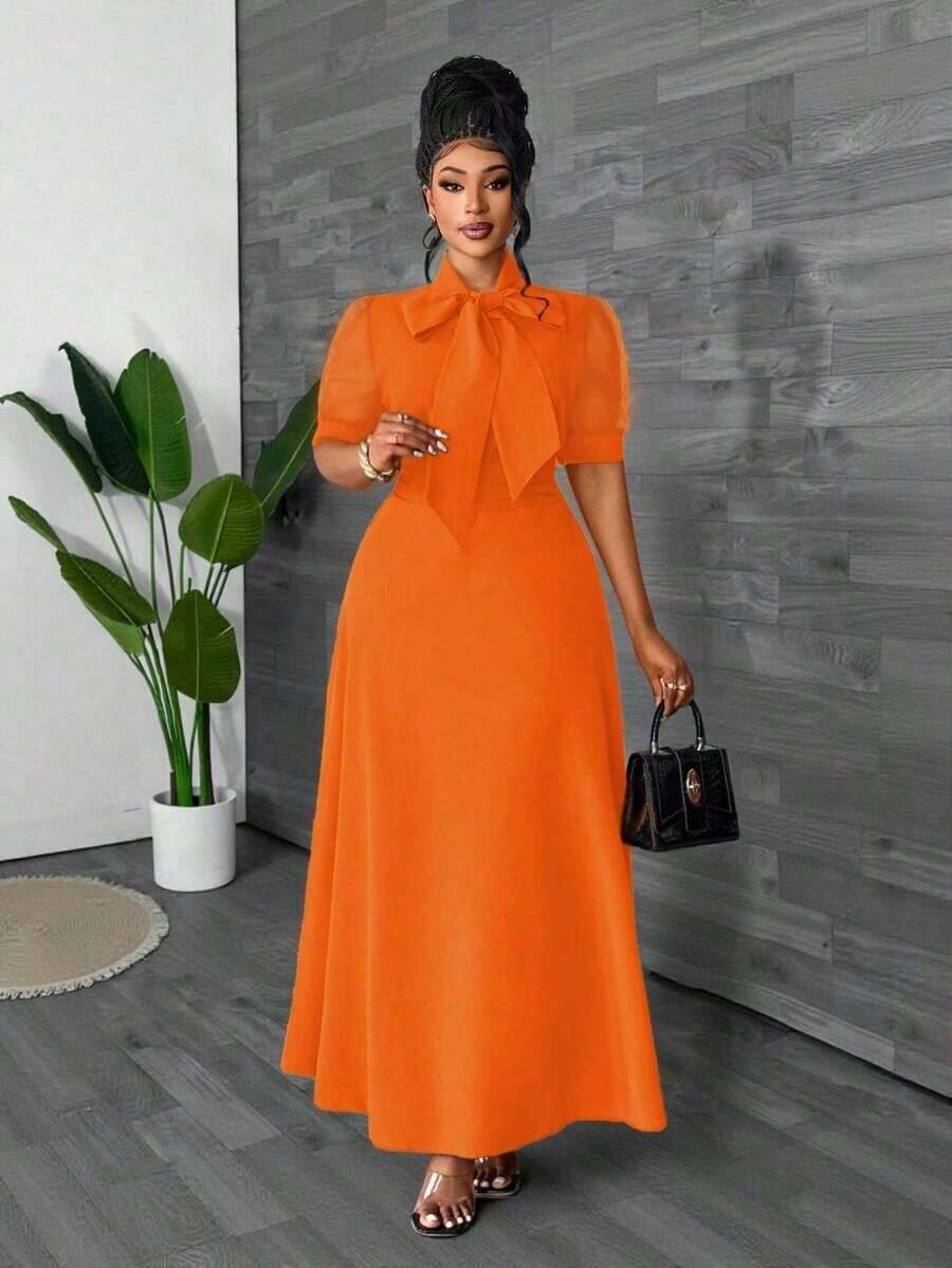 Women's Spring, Summer, And Autumn Net Puff-Sleeve Elegant Fitting Green Large A-Line Vacation Outfit Simple Commute Daily Wear Date Outfit Fashion Design Stylish New Essential Plus-Size Long Leisure Dress - trái cam - Xem 1