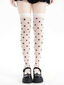 1 Pair White Polka Dot Thigh High Socks, Fashionable Sexy Stockings For Stylish Ladies, Spring/Summer - Multicolor - View 3